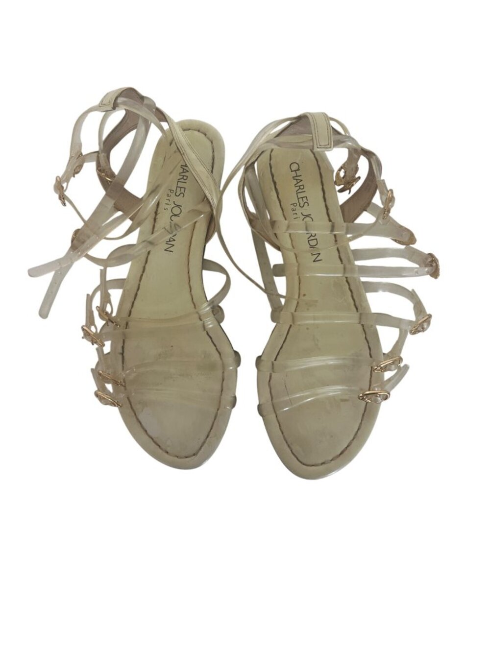 Charles Jourdan Strappy Clear Sandals With Adjustable Gold Buckles